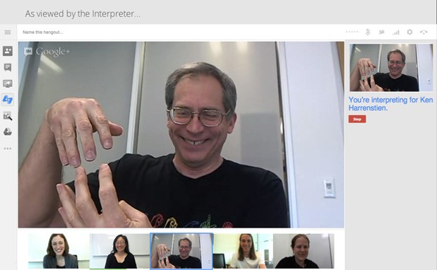 Image of a Google Hangouts video chat with as viewed by one of Google's on-demand sign language interpreter.