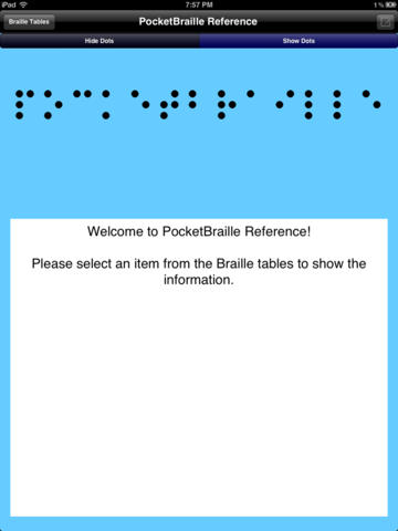 The launch screen for Pocket Braille on the iPad welcomes users before directing them to one of its many reference tabs.