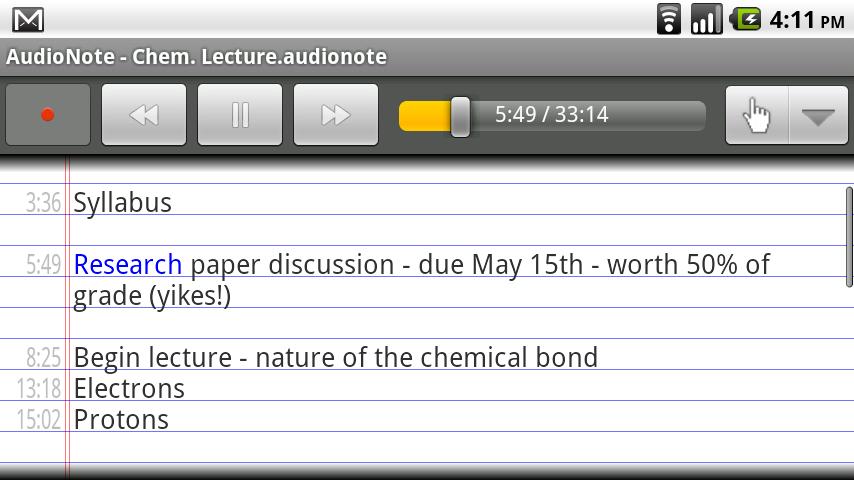 An image of AudioNote playing back a recording and highlighting text on an Android device